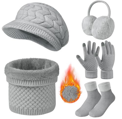 RITOSTA Conjunto Bufanda Gorro y Guantes Mujer Set 5PCS Gorro de Punto Guantes Táctil Calentadores de Orejeras y Calcetines Termicos Cuello de Bufanda Invierno Regalo Mujer para Esquí (Gris)