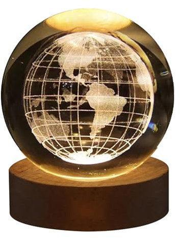 belupai Kristallkugel-Nachtlicht, klares 3D-geschnitztes Planeten-Solarsystem mit Holzsockel, LED-Licht-Tischdekoration, für Feiertage, Geburtstagsgeschenke, Heimdekoration (Erde)