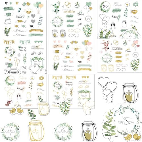 200 Stück Sticker Fotoalbum, Chromatisch Sticker Hochzeit Gästebuch 2 Stile Sticker Hochzeit Schön Scrapbook Stickers Sticker Blumen und Blumen Sticker Mini Sticker für Fotoalbum Hochzeit