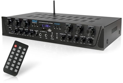 Pyle Sistema Amplificatore Audio Wireless per Casa, Ricevitore Stereo Bluetooth, 6 Canali, 600 Watt, LCD Digitale, Jack Cuffie, Microfono 6.35mm, USB, SD, AUX, RCA, Radio FM