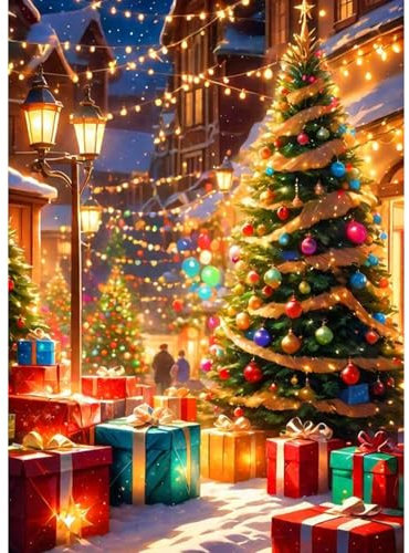 QENSPE 5D Diamond Painting Christmas Tree Diamond Art Kits for Adults, Round Full Drill Christmas Street Diamond Painting Kit for Beginner, DIY Gems Art Craft for Home Wall Decor 12x16 inch