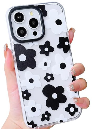 ECZOIL Compatible for iPhone 15 Pro Case,Cute Clear Black and White Flower Cartoon for Women Girl Soft TPU Shockproof Anti-Yellow Protective Phone Case for iPhone 15 Pro-Black and White Flower