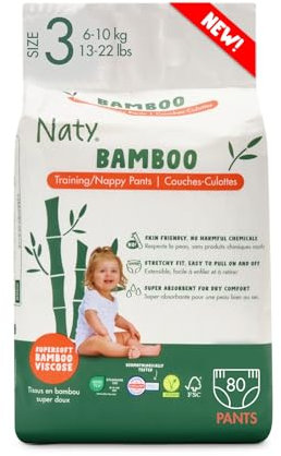 Naty Bamboo Windeln Pants aus Bambus-Viskose – Seidenweich, pflanzenbasierte Höschenwindeln, Dermatologisch getestet für empfindliche Haut & super saugstark (Größe 3, 80 Stück)