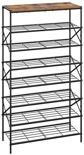 IBUYKE Étagère à Chaussures à 8 Niveaux, Grande Étagère à Chaussures avec Rangement pour 32 Paires, Gain de Place Porte Chaussures en Métal pour Entrée Couloir Salon, Rustique Marron TXJ018H