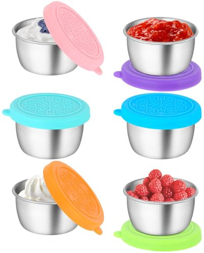 6 Pièces Récipient vinaigrette avec Couvercles Silicone,50ml Recipient Sauce Salade en Acier Inoxydable, Boîtes Alimentaires Réutilisable Résistant Aux Fuites Pour Pique-niquer, Voyage