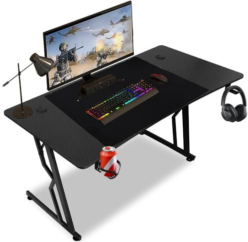 ISOISL Gaming Schreibtisch 140 x 60cm, Ergonomischer Gaming Tisch, Stabiler Gamer Tisch, PC Tisch Gaming mit Kohlefaserbeschichtung, Computertisch mit Getränkehalter und Kopfhörerhaken, Schwarz