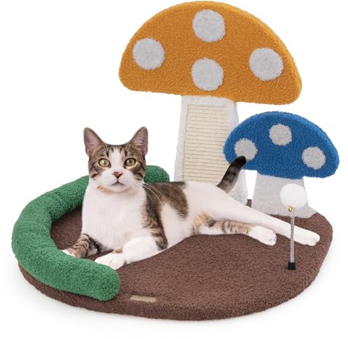 GOPLUS Arbre à Chat de Champignon avec Poteau en Sisal, Planche à Griffer & Balle à Ressort, Petit Arbre à Chat avec Condo & Plateforme Confortable pour Chaton (43cm)