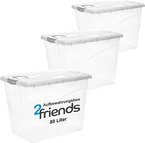 2friends 3er Set Aufbewahrungsbox mit Deckel Groß 80 Liter – Stapelbare Plastikboxen für Büro, Küche, Garage & Kinderzimmer, Praktische Kisten mit Clip-Verschlüssen, Lüftungsklappen, Made in EU