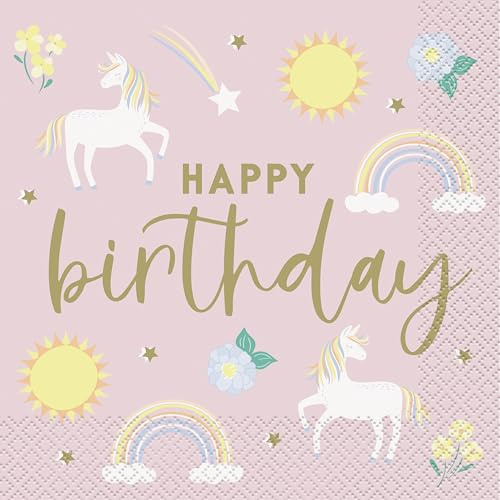 Unique 80752EU Paper Birthday Napkins-16.5 cm-Dainty Unicorn Party-16 Count (Pack of 1), Multicolour