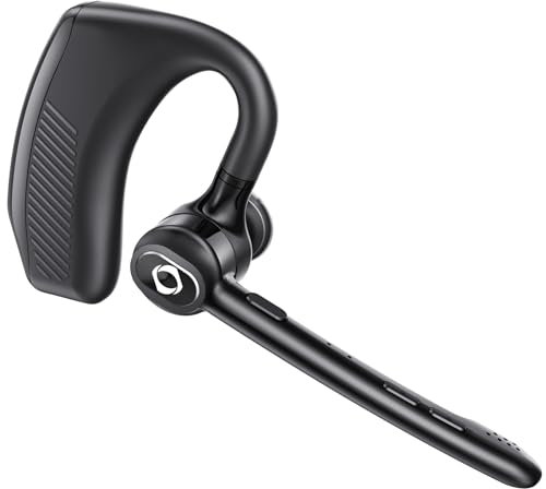 Wireless Headset Bluetooth Earpiece with Dual Noise Canceling Microphone Hands Free Headphones Single Ear Earphone Over Ear Earbud for iPhone Samsung Android Cellphones TV PC Trucker Game Work Driving