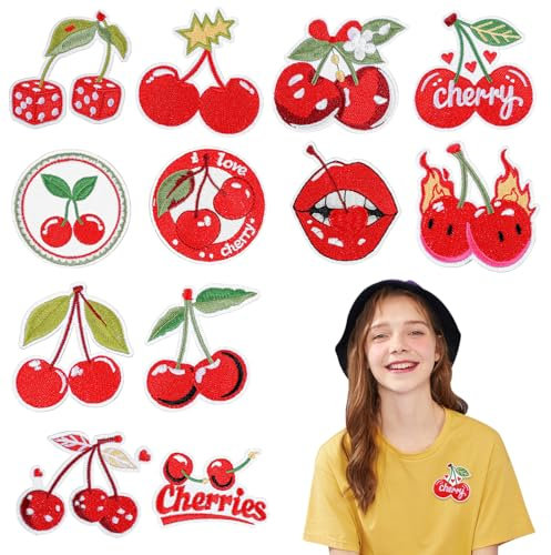 12 pcs Cherry Iron on Patches Sew Patches ,Sticky Repair Embroidered, Applique for Clothes, Dress, Hat, Jeans, DIY Accessories (Bright Vivid Colors)