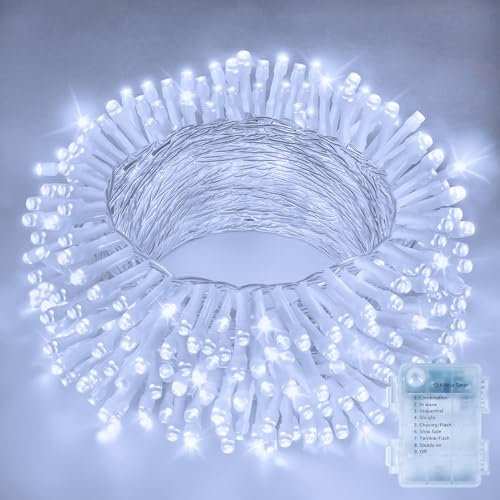 Hopexy Battery Fairy Lights, 10m 100LEDs Fairy Lights Battery Operated with Timer, Waterproof Cool White Christmas Lights with 8 Modes/Indoor Outdoor for Bedroom Wedding Garden Christmas Decorations