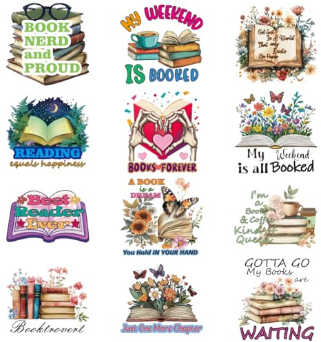 arricraft 12 Pcs Book Theme Iron on Decals Patches, Butterfly Flower Love Decoration Book Lover Heat Transfer Stickers PET Washable Patches for Teacher's Day DIY Clothes Decor, 3.15 inch(8cm) Long