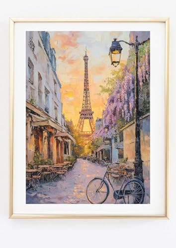 Din A4 Kunstdruck ohne Rahmen - Eiffelturm im Frühling - Paris Café City Stadt Frankreich Abendstimmung Aquarell - Druck Poster Bild