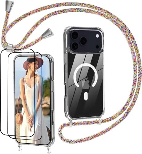 Nupcknn Funda para iPhone 17 Pro MagSafe con Correa, 2 Protectores de Pantalla, Colgante magnético Transparente, Correa extraíble y Ajustable, protección antigolpes