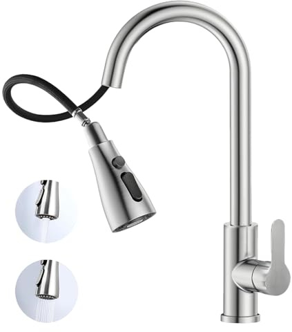 Biigdan Robinet Cuisine Acier Inoxydable,360° Rotation Extractible mitigeur cuisine,3 Modes de Pulvérisation,Haute Pression Flexible Robinet avec Buse Rotative à 360°,Convient aux éviers/bars (argent)