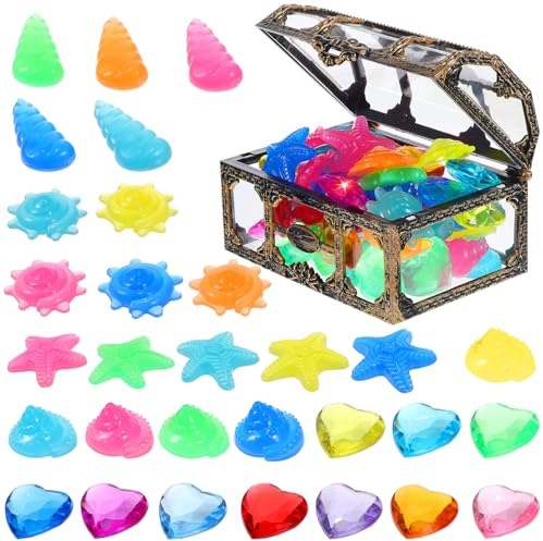 ERINGOGO Coffre Trésor Pirate avec 30 Gemmes Colorées Lumineuses et 30 Diamants en Plastique, Jouet de Plongée Ludique pour Garçon et Filles, Fête Piscine et Plage,