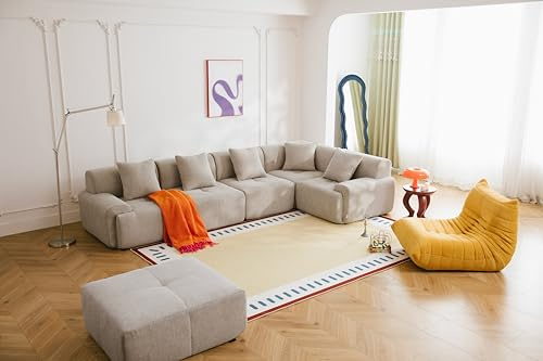 MILYsofa Modulares Wohnlandschaft 5-Sitzer mit Ottomane, Chenille-Bezug Sandbeige, Abnehmbare Kissenbezüge (Sandbeige, Wohnlandschaft)