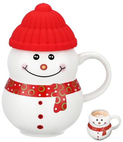 Garneck Taza de Café Navideña de Cerámica 350ml con Diseño de Muñeco de Nieve de Dibujos Animados y Gorro Rojo, Vaso para Agua y Leche, Adecuado para Hogar, Oficina y Fiestas de Navidad