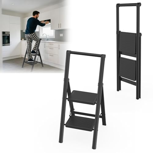 Yunvin Folding Step Ladder, 2 Steps with Handrail, Folding Ladder with Anti Slip Feet and Wide Steps, 150 kg Load Capacity, Space Saving, Multifunctional Step Stool, Black
