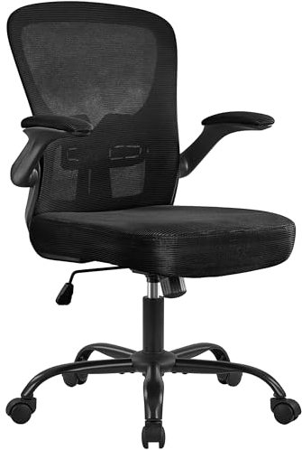 Yaheetech Sedia Ufficio Scrivania Ergonomica con Supporto Lombare Braccioli Regolabili, Sedia Scrivania con Ruote Girevoli in Rete Traspirante Reclinazione a Dondolo, Portata 136 kg Nera