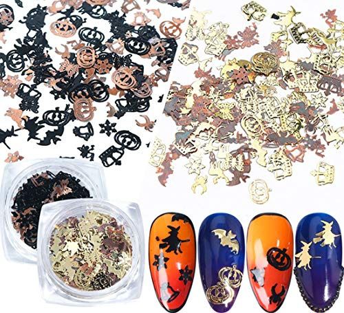 MoonyLI Halloween Nagel Pailletten Nagel Glitter Metall Flocken Gold Schwarz Metall Dekorationen 3D Kristalle Charms für Halloween Weihnachten Nail Art Craft Nagel Kürbis Hexe Spinne Fledermaus