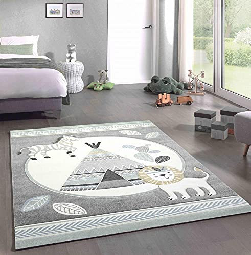 CARPETIA Teppich Kinderzimmer Kinderteppich Indianer Zelt Löwe Zebra grau Creme senfgelb Größe 120x170 cm