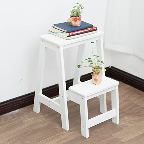 Klapphocker Leiterstuhl, 2 Schritte Holz Faltbare Leiter Hocker Regalbibliothek Schritte Bücherregal Pflanzständer Treppenstuhl für Lagerung und Dekoration, Weiß