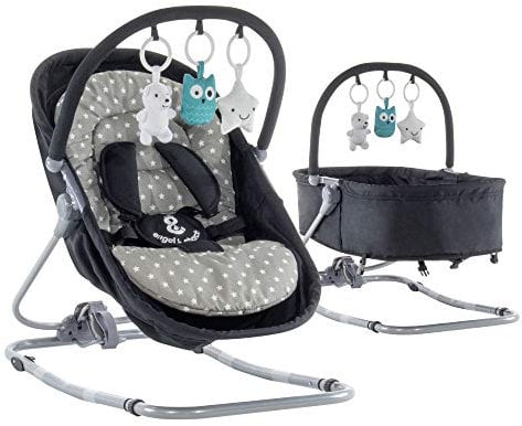 Engel & Storch Babywippe VIGO Baby Schaukelstuhl Babywiege mit abnehmbarem Bezug und Spielebogen - in Schwarz + Grau