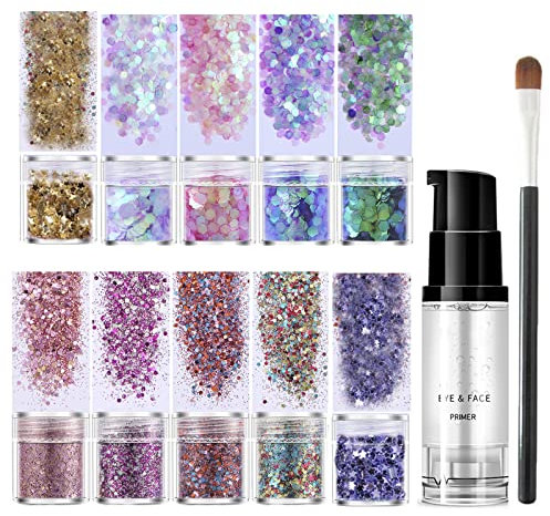 Face Glitter Cosmetic Glitter, Chunky Glitters, Face Glitter Festival with Glue for Body, Hair, Nails, Stage, Halloween, Party, Makeup - Includes Long Lasting Fix Gel and Brush(10 Colors Pink+Purple)