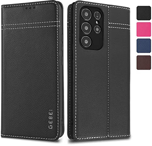 Hülle Echt Leder für Samsung Galaxy S22 Ultra 5G - Premium Echte Lederhülle mit Standfunktion und Kartenfach Flip Case Ledertasche Handyhülle Schutzhülle Klapphülle – Schwarz