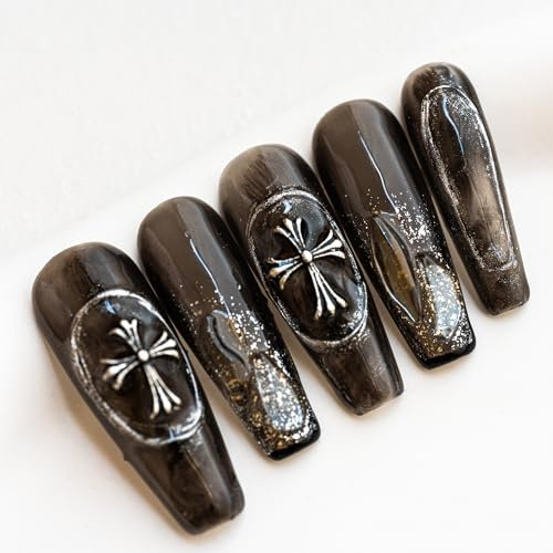 Sun&Beam Nails Handmade Press On Nail Long Coffin Ballerina Black Cross Acrylic Fake Tip 3D Design Art Charms Cute with Storage Box 10 Pcs(#003 S)