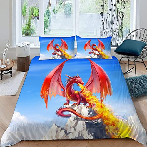 Kinder Bettbezug-Set Cartoon-Tiere Teens Bettwäsche-Sets 155X220 Weiche Mikrofaser mit Reißverschluss Roter Drache Jungen Mädchen Bettbezüge mit 2 Kissenbezug 80x80 cm