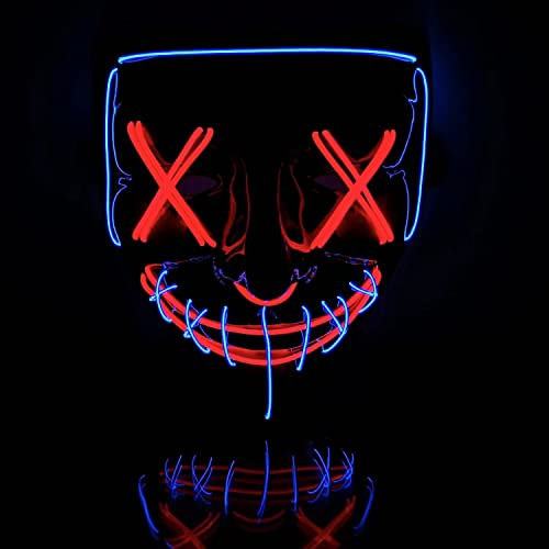 SOUTHSKY LED Maske Schwarzes Masken Horror Vollgesicht, 2 Farben, Neonlicht, leuchtend, für Halloween, Festival, Karneval, Rave, Kostüm, Cosplay (blau + rot)