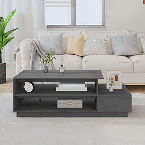 GuyAna Couchtisch Grau 120x50x40,5 cm Massivholz Kiefer Holz Couchtisch Baumkantentisch