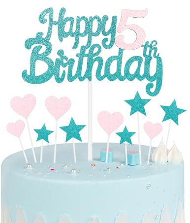 Blue Pink 5th Birthday Cake Topper, Girls Decorations, Glitter Heart Stars Toppers, Personalised Happy Cake Cupcake Toppers for Women Girls Baby Party Supplies