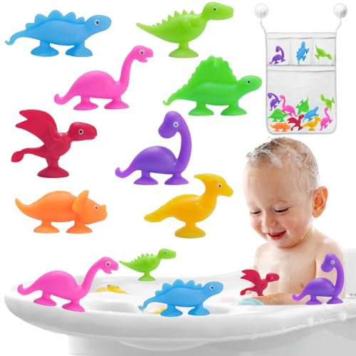 LUKIUP 16 Dinosaure Jouet Ventouse, Jouets de Bain Bébés, Jouets de Bain Baignoire, Ventouse Jouets Sensoriels, Sac de Rangement Inclus, Jeux Bain pour Bébés Enfant 1 2 3 4 5 Ans.