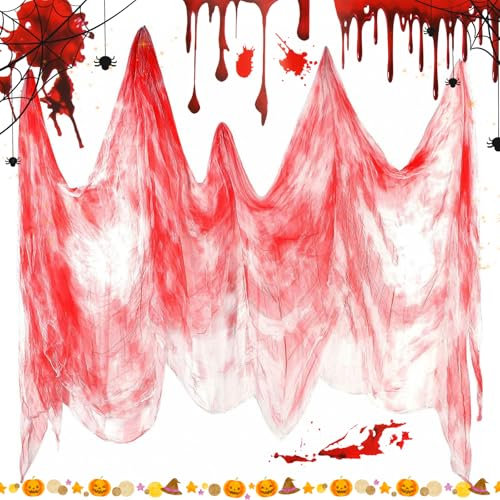 Darryy Halloween Gruseliges Tuch, 5M * 2.15M Halloween Deko Stoff, Gruseliger Stoff, Horror-Stoffdekoration für den Innen- und Außenbereich, rote Halloween-Deko-Gaze für Türen, Säle, Fenster