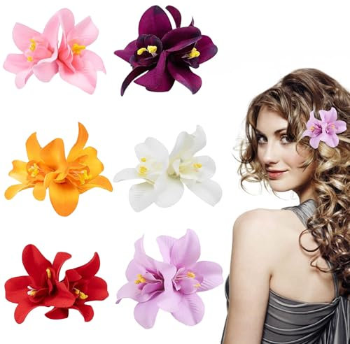 6 Stücke Hawaii Bunte Haarspangen Damen, Blumen Haarklammern Mädchen, Doppelte Orchideen Haarclips Kinder Haarschmuck für Frauen Party Haarstyling Haarnadeln Hochzeit Urlaub, künstliche Blumen