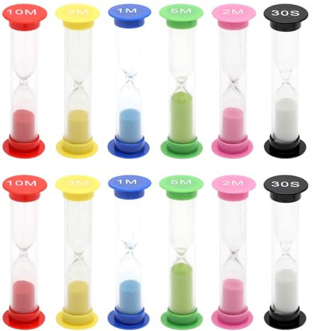 DAWRIS 12 Pcs Sand Timer, 6 Colors Hourglass for Teeth, Toothbrush Timer Shower Colorful Sandglass Sand Clock 30s, 1 min, 2, 3, 5 and 10 mins for Game Classroom Home Office Cooking