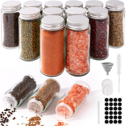 FoiiLiio Barattoli Spezie, 12 x 120ml - Barattoli Portaspezie Vetro con Tappo a Vite, Contenitori Spezie per Cucina, Trasparente Vasetti Spezie - Inclusi Etichette Spezie,Spazzole, Imbuto in Silicone