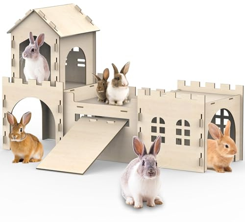 Large Bunny House and Hideouts, Wooden Dual-Layer Rabbit Castle with 4 Houses Indoor, Sturdy Habitat for Guinea Pig Chinchilla Ferret (Extra Large-4 House)