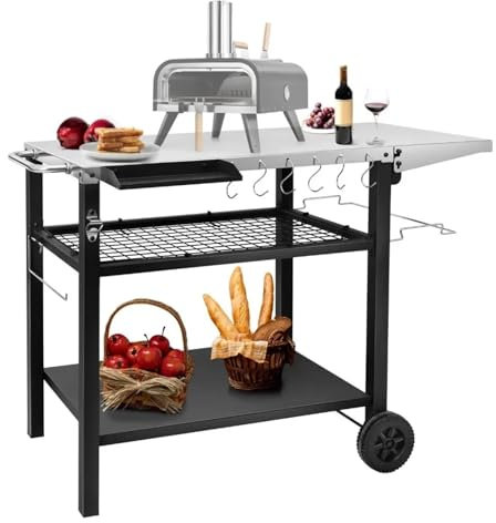 WJIAYAO Outdoor Grill Cart Outdoor Grill Cart Table Pizza Oven Stand Three-Shelf Stainless Steel Food Prep Table Patio BBQ Grill