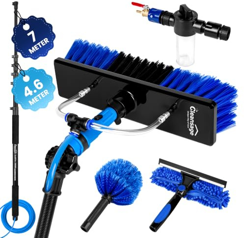 HydroPole Pro3K Carbon Fibre Telescopic Window Cleaning Pole Equipment Water Fed Brush, Extendable Long Reach Fascia, Conservatory Roof & Solar Panel Kit, Squeegee, Cobweb Duster (7m)