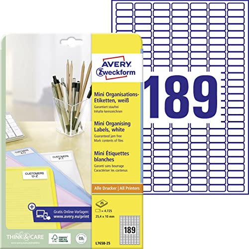 AVERY Zweckform L7658-25 mini Organisationsetiketten (4.750 Aufkleber, 25,4x10mm auf A4, selbstklebende Vielzweck Etiketten, bedruckbar, Klebeetiketten zum Organisieren/Kennzeichnen) 25 Blatt, weiß