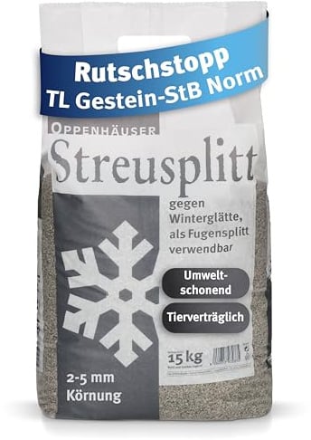 OPPENHÄUSER Diabas Streusplitt 15kg 2-5mm Körnung: sofort rutschhemmend, | umweltschonendes Streugranulat für sichere Straßen & Parkflächen, Pflastersplitt, TL Gestein-StB Norm, Premium Qualität