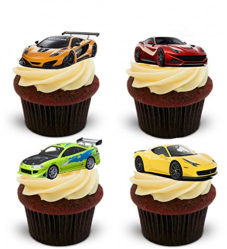 Top That 12 essbare Kuchendekorationen aus Esspapier, Motiv: Fast Car, 12 verschiedene Bilder, für Auto-Enthusiasten, Vollständig essbar, Weiß, Junggesellenabschied, Feierliche Anlässe