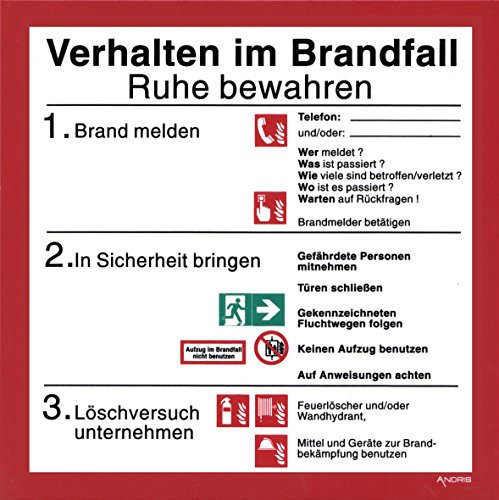 orig. ANDRIS® Schild Brandschutzordnung - Verhalten im Brandfall ISO 7010 Schild Kunststoffplatte 200x200mm