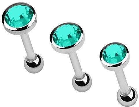 Ohr Piercing Schmuck Helix, Tragus, Set aus 3 x Stab mit Kugel und Steinplatte, grün-türkis in 3/4/5 mm Durchmesser