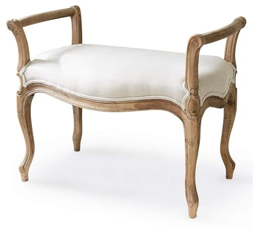 Loberon Bank Pierremont, Elegante Sitzbank, Kunstvoll Geschnitzt, Bequem Gepolstert, Historisch Inspiriert, Antik-Finish, Sitzmöbel, Eichenholz, Leinen, Creme/antikbraun